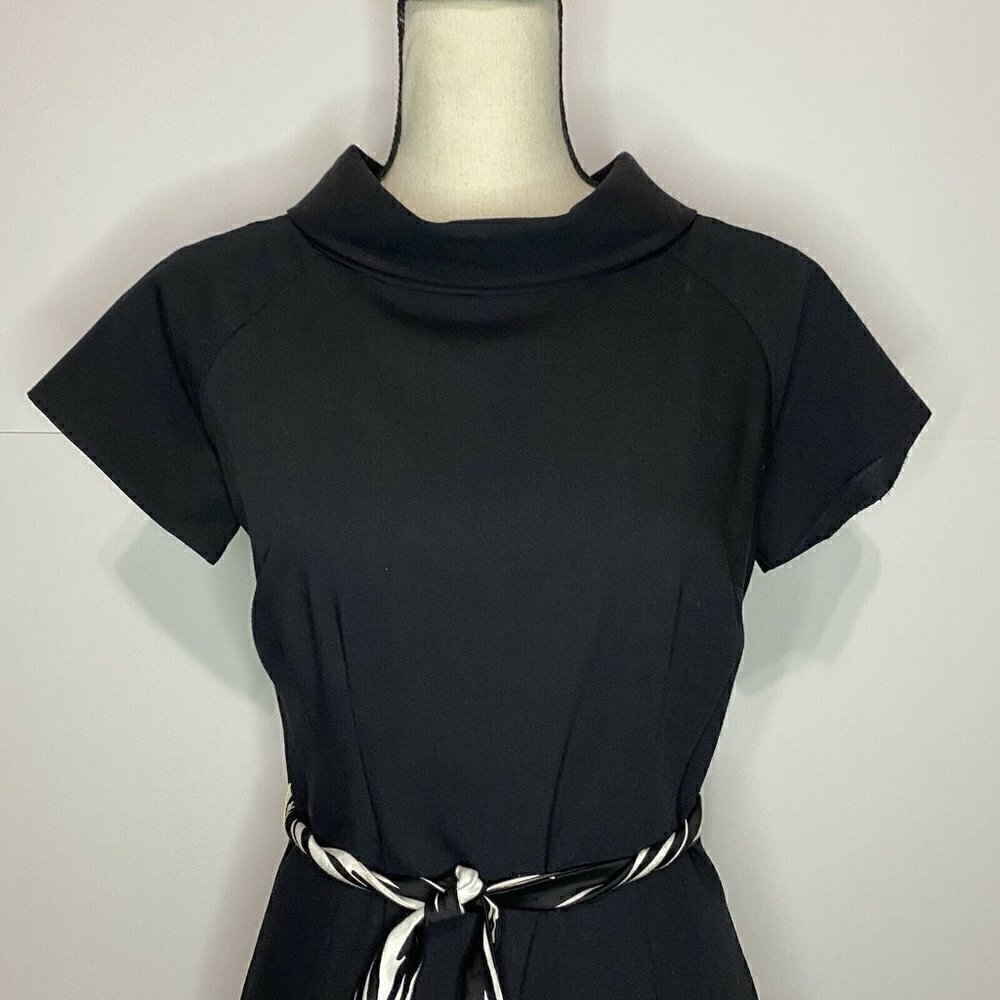 Eliza J Sz 4 Black Solid Collared Sash Tie Dress Cap Sleeve Back Zip EUC
